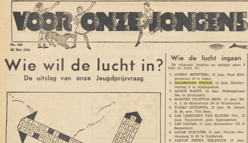Bekendmaking van de winnaars van een jeugdprijsvraag op de jeugdpagina van het Nieuwsblad van het Noorden, 26 mei 1934; Hildegard Kroon werd tweede.